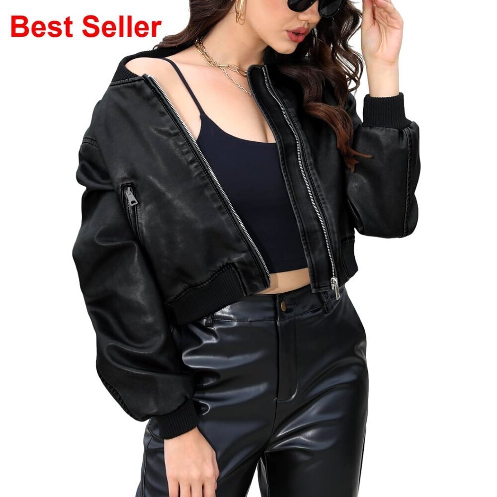 Cropped Faux Leather Bomber Jacket with Pockets